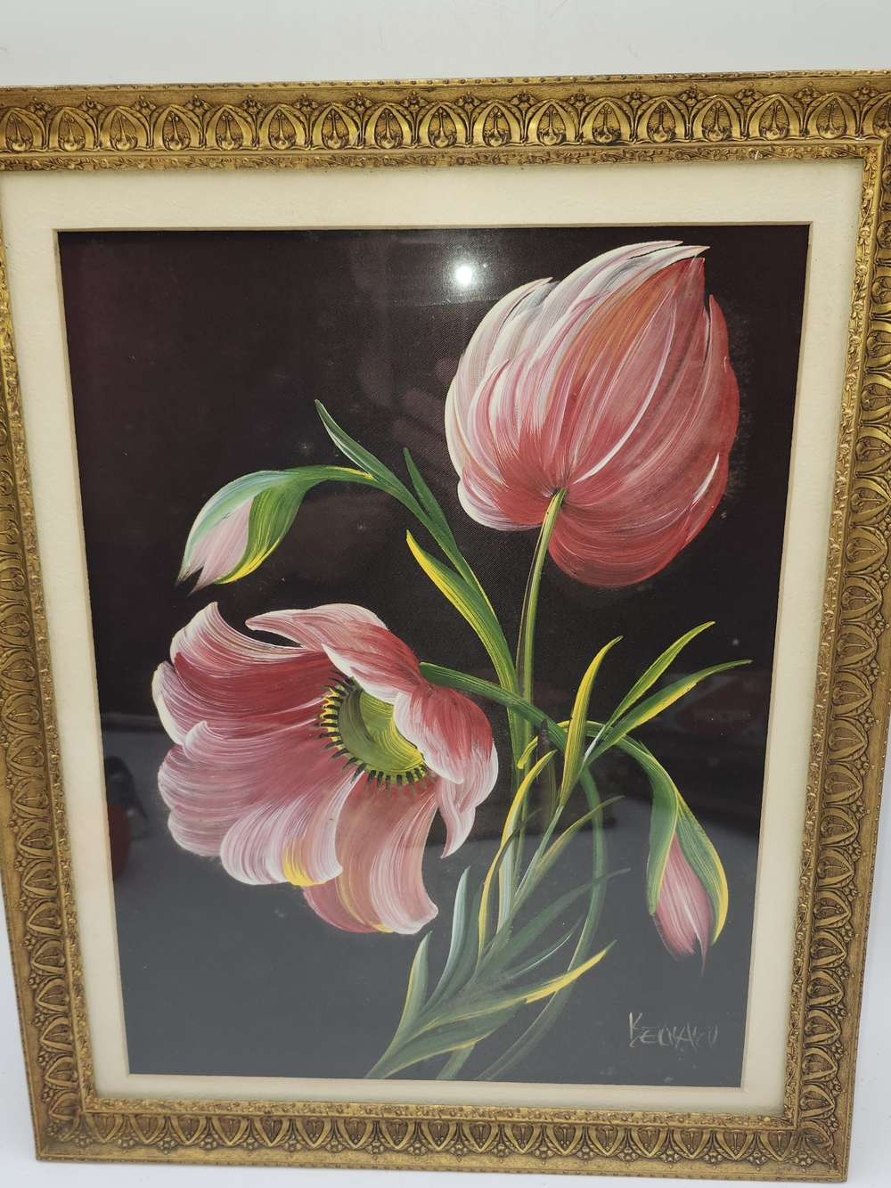 Ornate Gold Metal Frame PINK TULIPS Flowers Framed Signed Art Baroque/Rococo